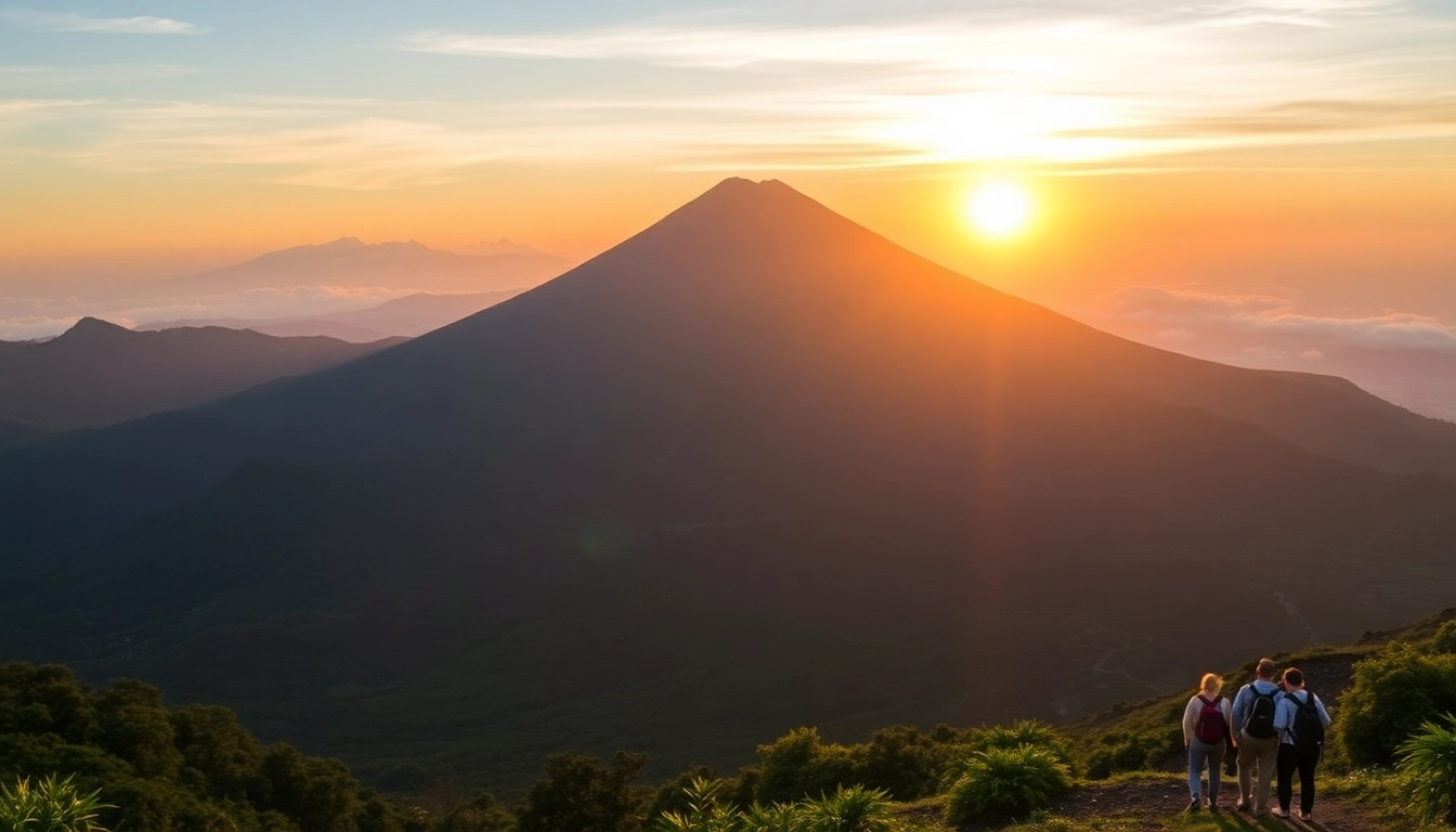 Hikers ascend Mount Rinjani’s scenic trail with panoramic views of the volcano’s summit and lush forests, capturing adventure and natural beauty.