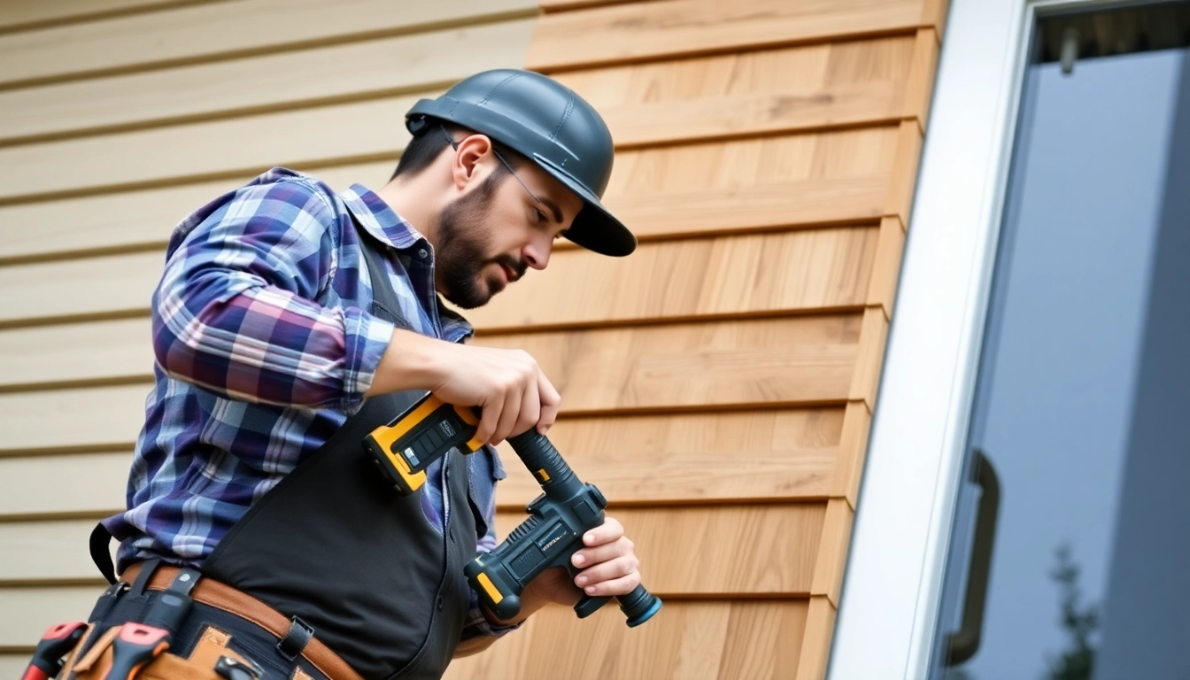 Siding contractor installing durable vinyl siding on a residential home, showcasing craftsmanship and construction skills for an appealing exterior upgrade.