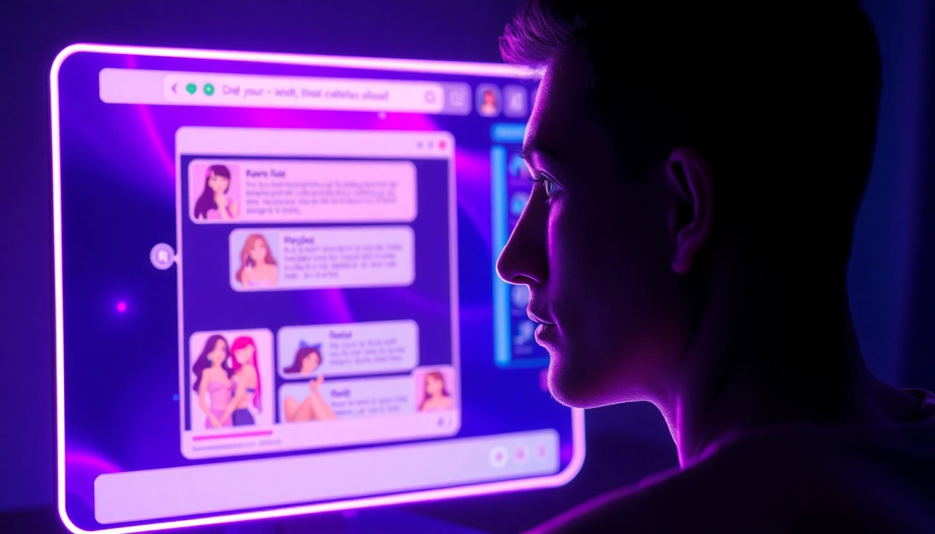 Digital illustration of an adult AI chat interface with vibrant visuals and expressive characters in a modern, immersive setting.