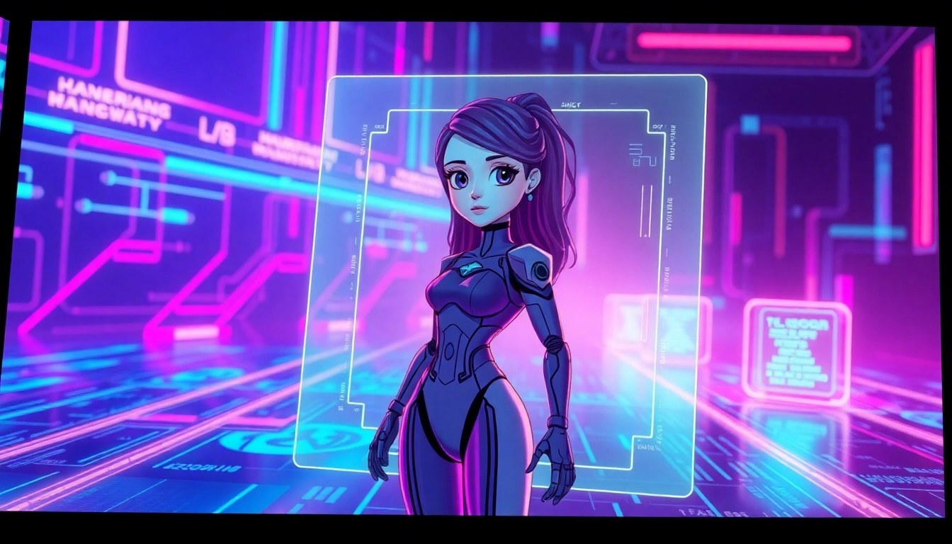 Futuristic AI interface with an animated female character hologram in a neon-lit digital environment.