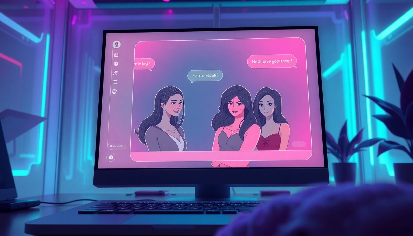 Futuristic AI chat interface with expressive virtual characters and vibrant neon lighting.