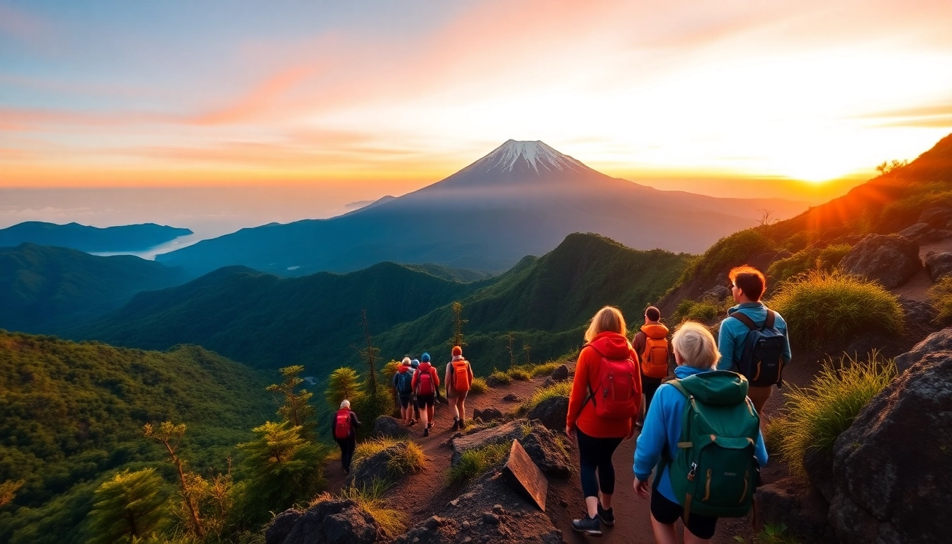 Hikers ascending Mt Rinjani at sunrise with the mountain's peak in the background