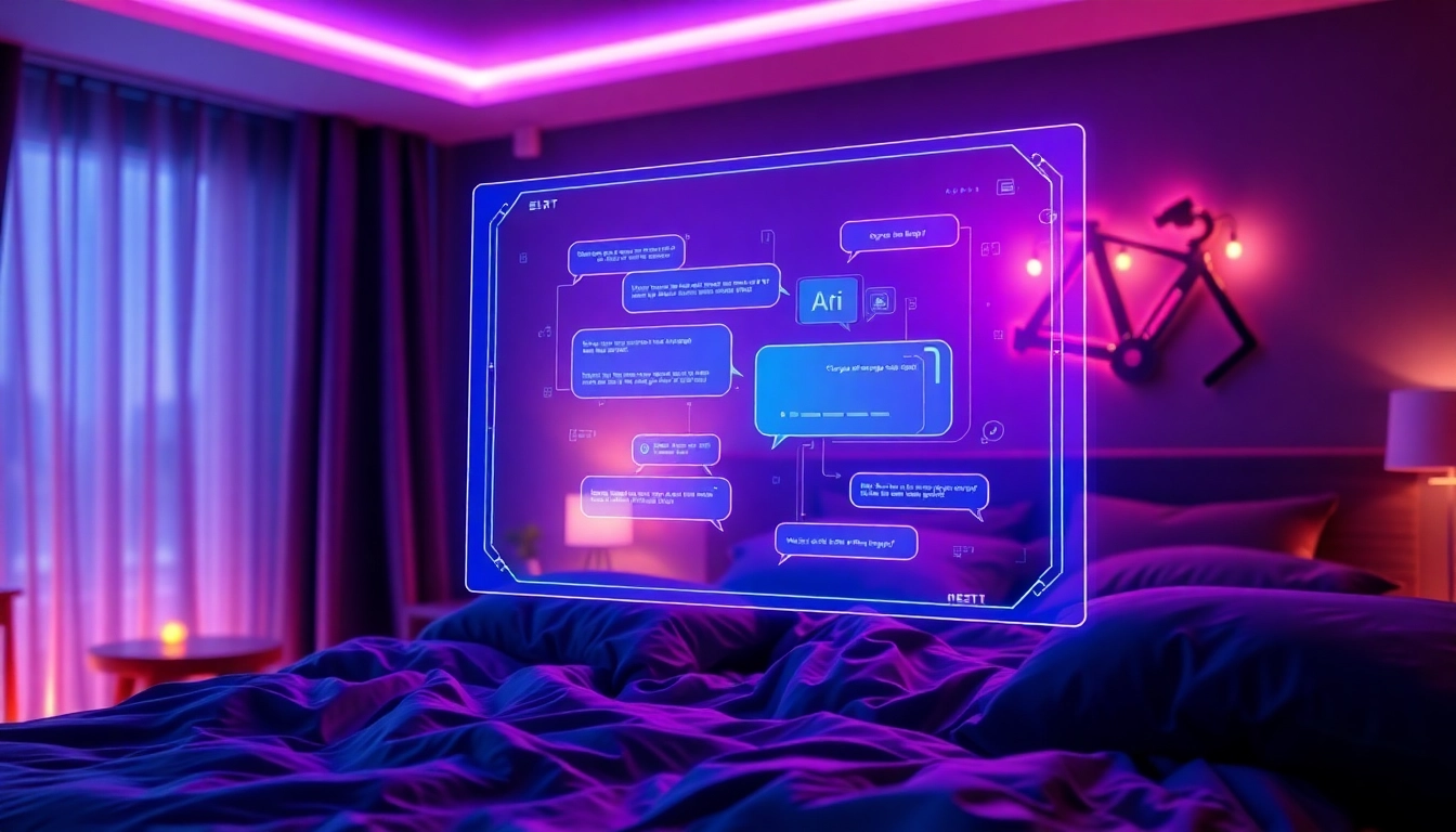 Futuristic AI chat interface in a cozy bedroom setting with glowing holograms and ambient lighting.