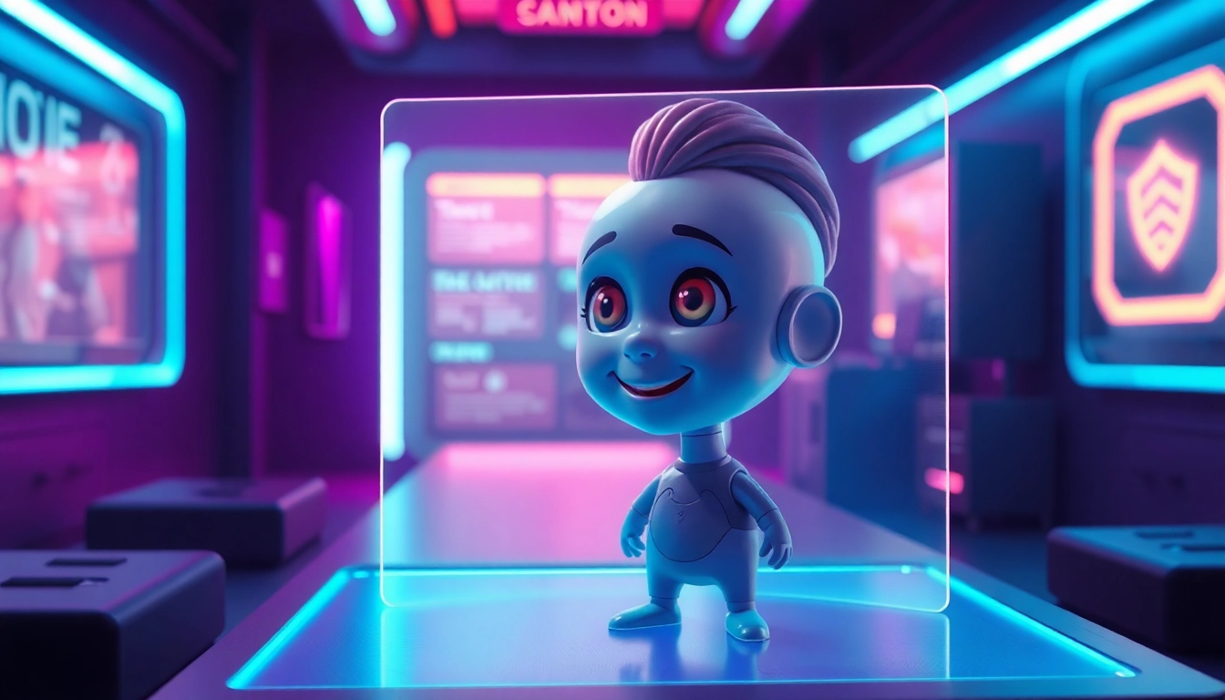 Futuristic AI chat scene with a virtual character interacting in a neon-lit environment.