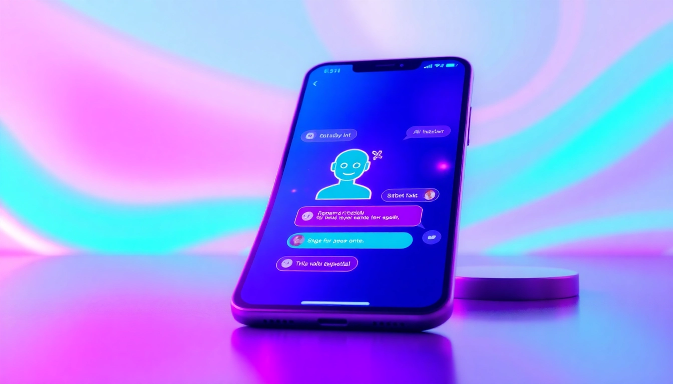 Futuristic smartphone displaying an AI chatbot interface with neon colors and holographic elements.