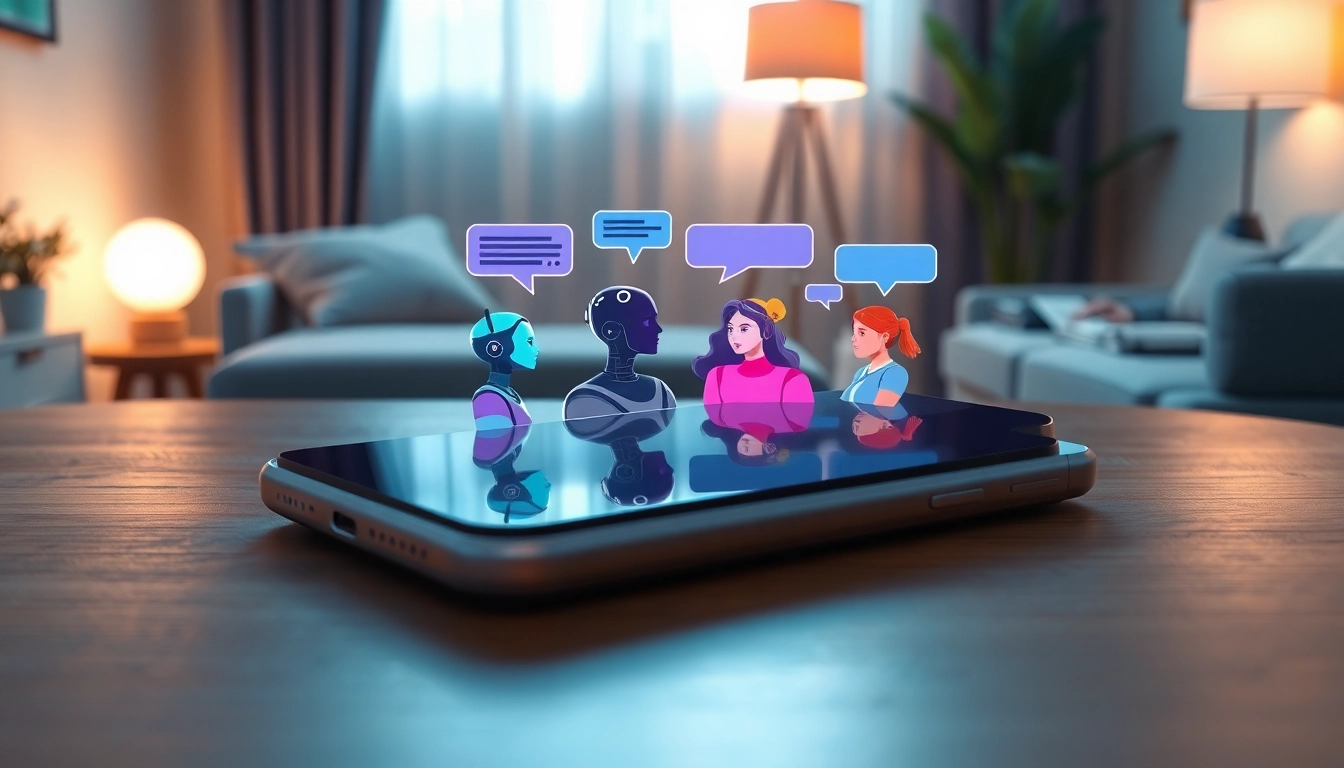 A smartphone displaying colorful AI chat avatars on a wooden table in a cozy, high-tech setting.