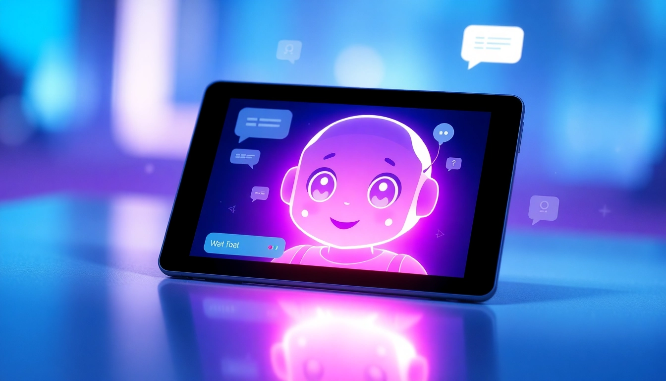 Close-up of a futuristic tablet displaying a vibrant AI chatbot conversation with expressive features and a sleek interface.