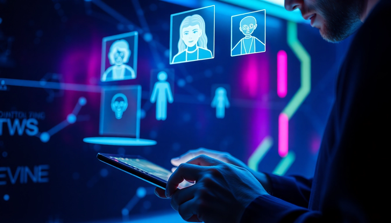 A person interacting with holographic AI characters on a mobile device in a neon-lit, futuristic environment.