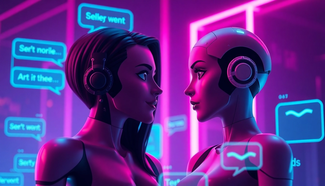 Futuristic digital scene with AI characters in a neon-lit chat interface, conveying intimacy and allure.
