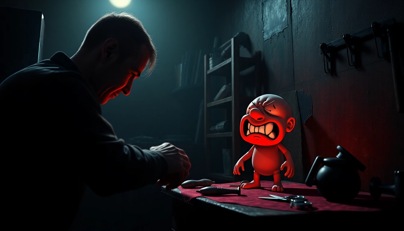 A distressed character clicking on a cheerful cartoon figure in a dark, unsettling room, with tools and shadows emphasizing moral conflict and suffering.