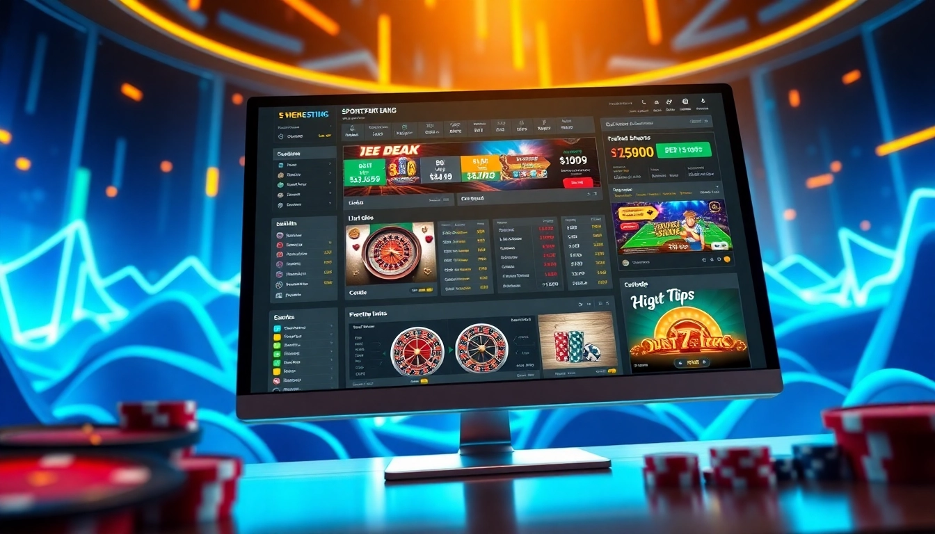 An online sportsbook and casino platform displayed on a modern computer screen with vibrant neon accents and animated betting elements.
