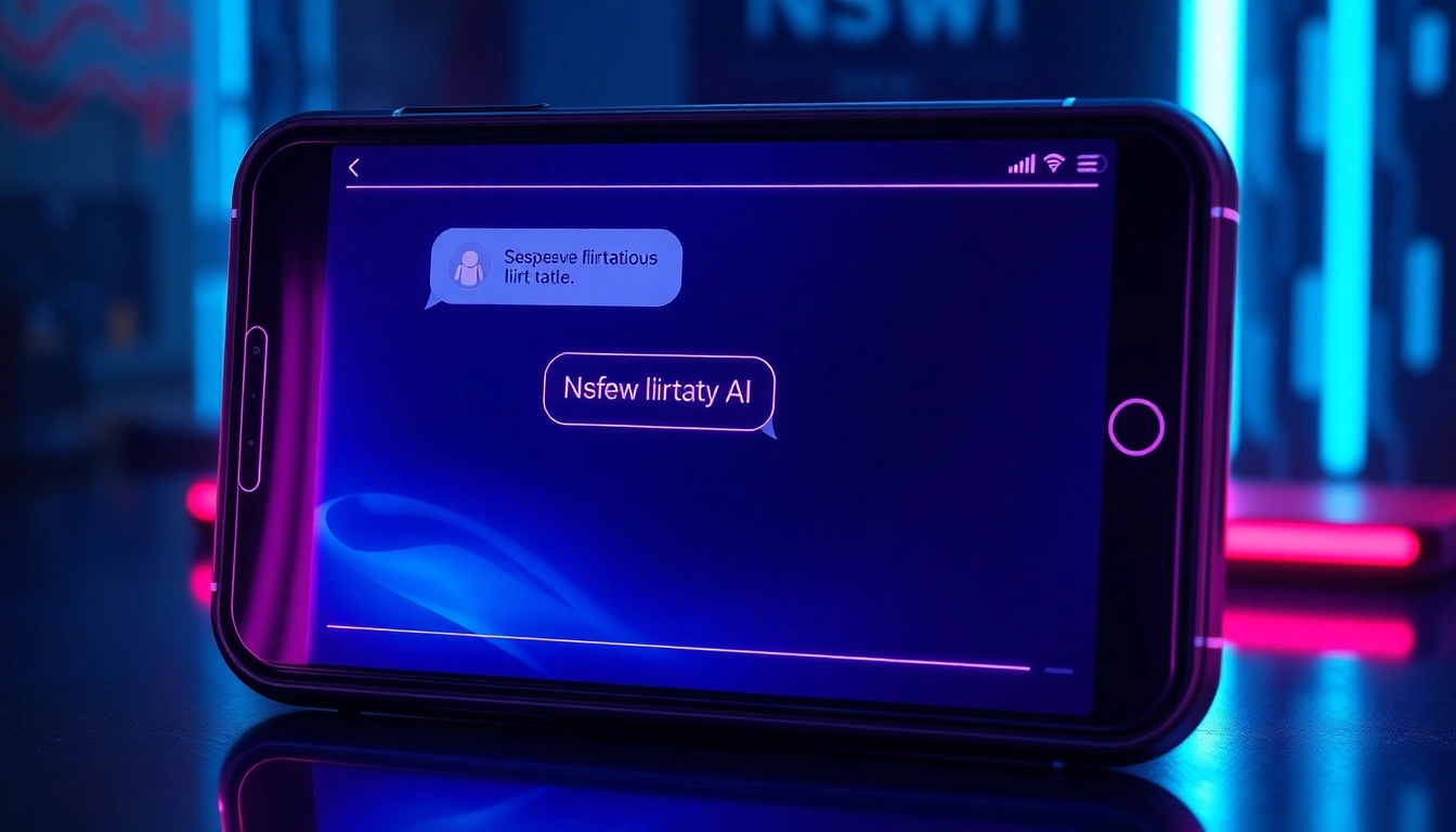 A futuristic chatbot interface with neon accents and suggestive text bubbles on a sleek device screen.