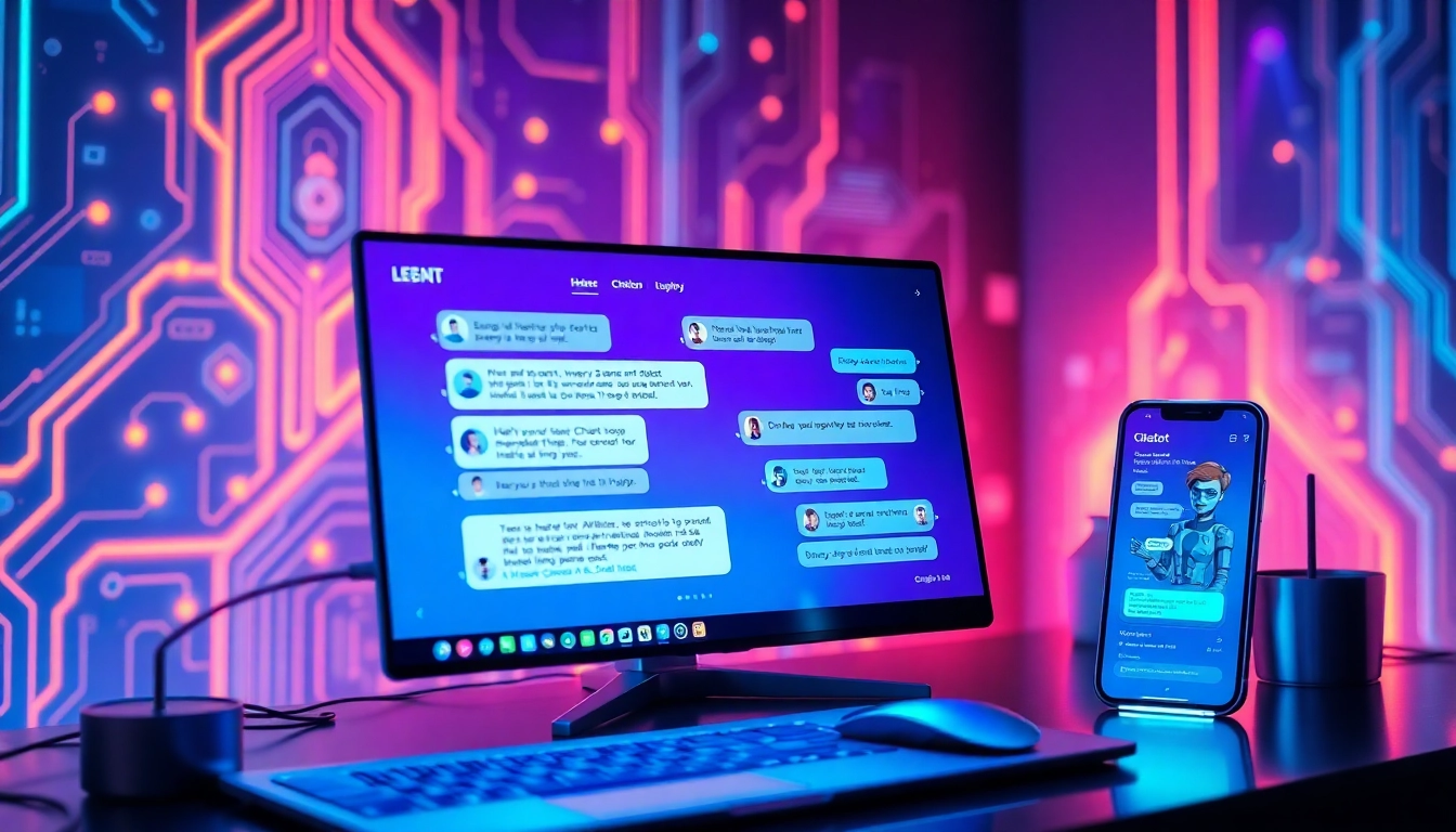 Futuristic AI chatbot interfaces on desktop and mobile screens with holographic characters and neon accents.