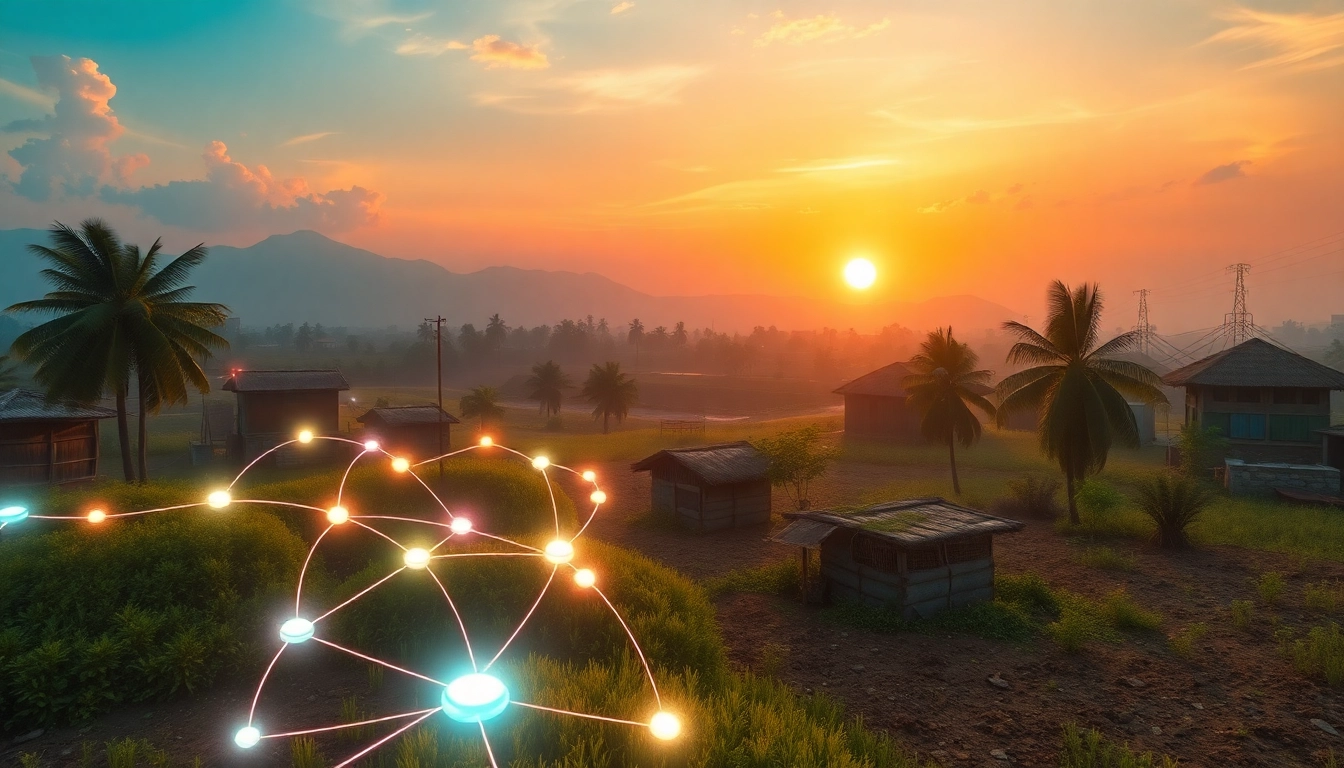 Illustration of nsfw ai chat technology expanding into rural India, depicting broadband connectivity in a vibrant, forward-looking scene.