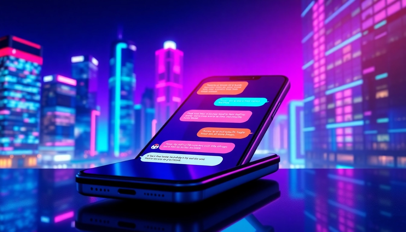 Futuristic smartphone displaying a vibrant AI chat interface with neon cityscape background.