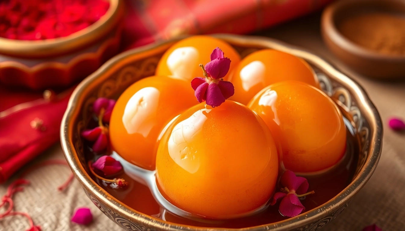 Close-up of delicious Ready to Eat Gulab Jamun dripping with syrup, showcasing its tender