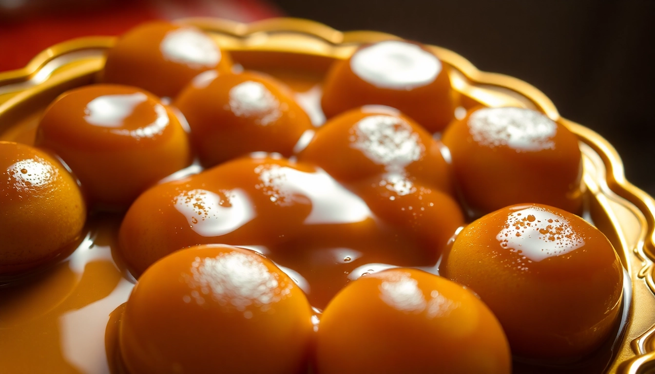 Close-up of ready to eat Gulab Jamun served in syrup, highlighting texture and appeal for sweet